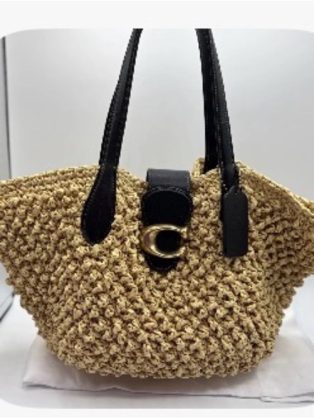 Woven Straw Tote Bag with Black Leather Handles